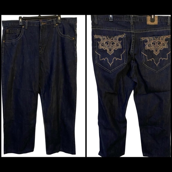 Corked Y2K Retro Blue Baggy Jeans with Embroidered Back Pockets HipHop 42/32 - Picture 1 of 13